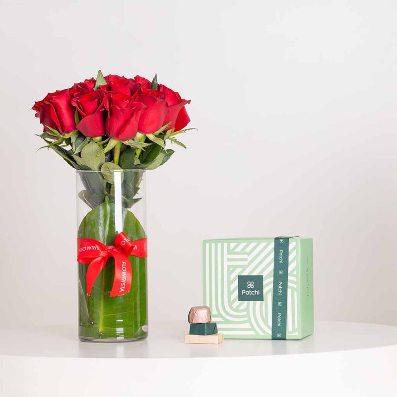 Patchi Chocolate Box 500g & Red Roses Vase