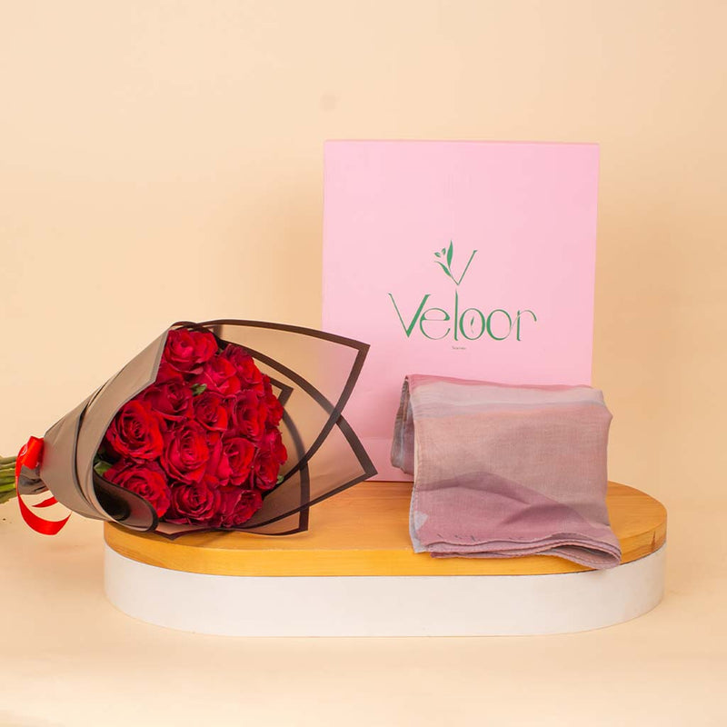 Veloor Jade Scarf & Red Roses Bouquet