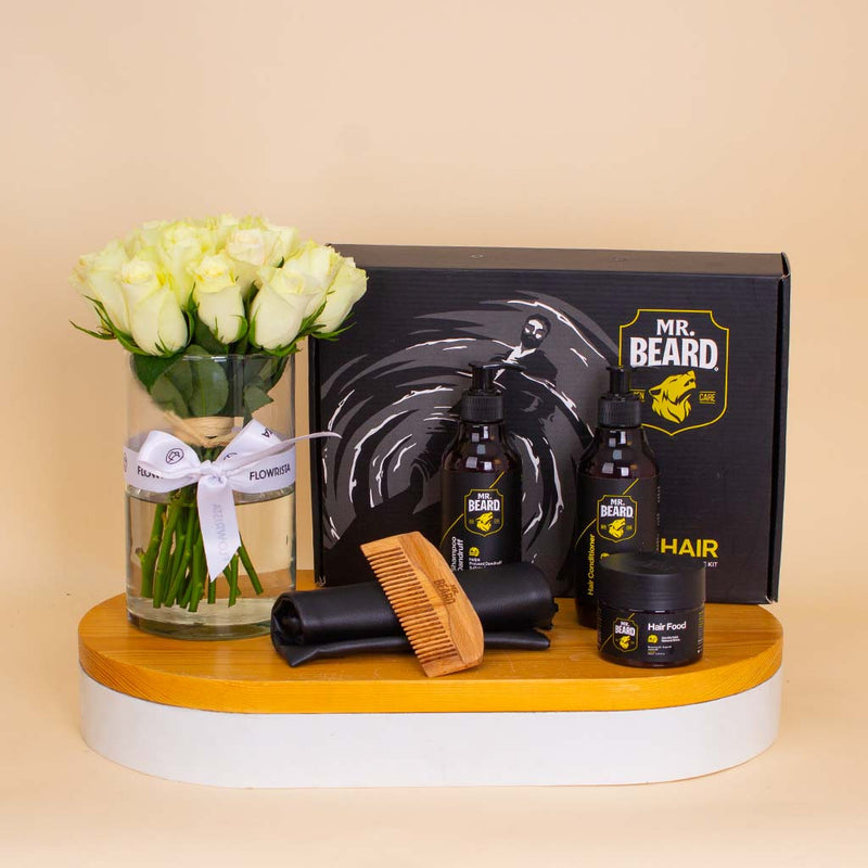 Mr.Beard Hair Care Kit & White Roses Vase