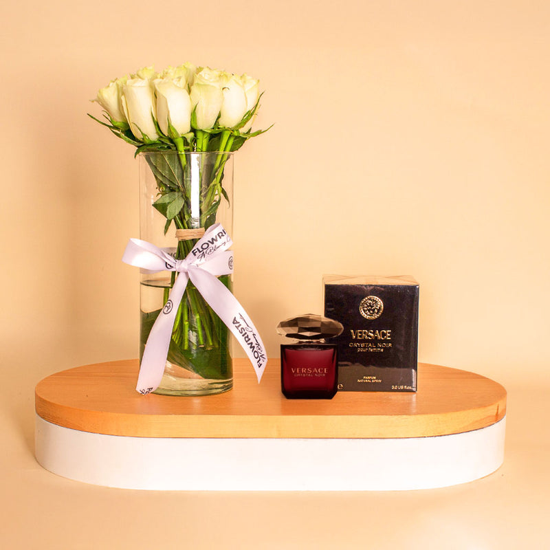 Versace Crystal Noir with White Roses Vase 15 Roses