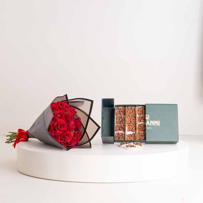 Giovanni Mix Caramelized Chocolate Box & Red Roses Bouquet