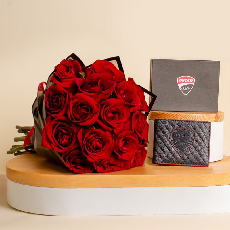 Ducati Corse Wallet & 15 Red Roses - A Gift of Passion