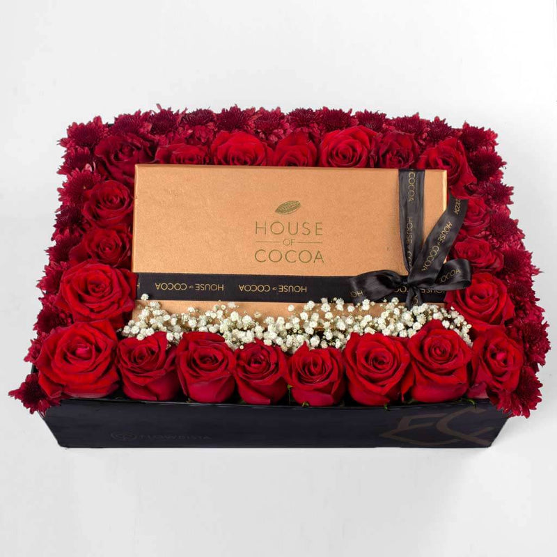 House of Cocoa Chocolate Box 32 pieces and 21 red roses