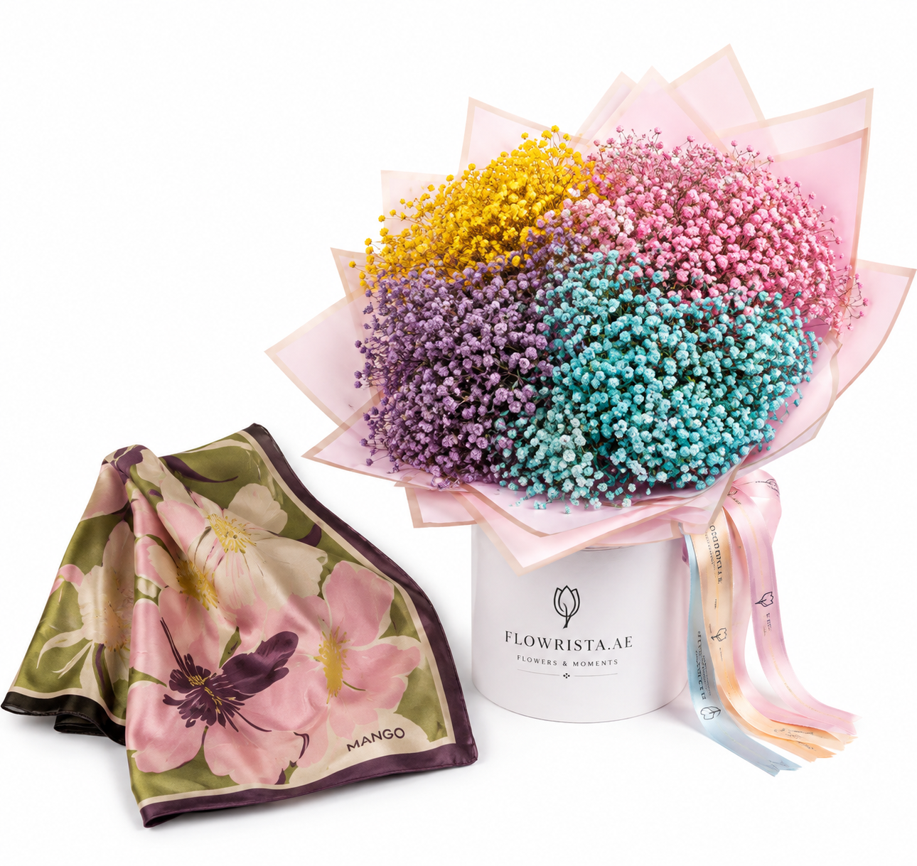 Mango Floral Print Scarf with Flowrista Rainbow Clouds Bouquet