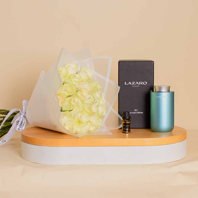 Lazaro Z1 Car Scent Diffuser cyan And 25 White Roses
