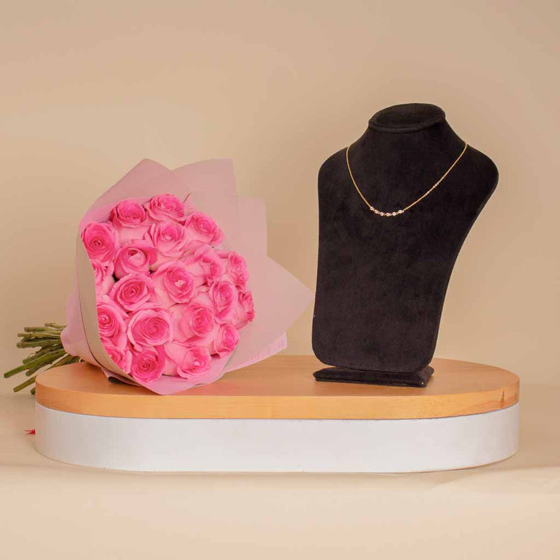 Gold-Plated Silver Necklace with White Zircon Stones | Pink Roses Bouquet