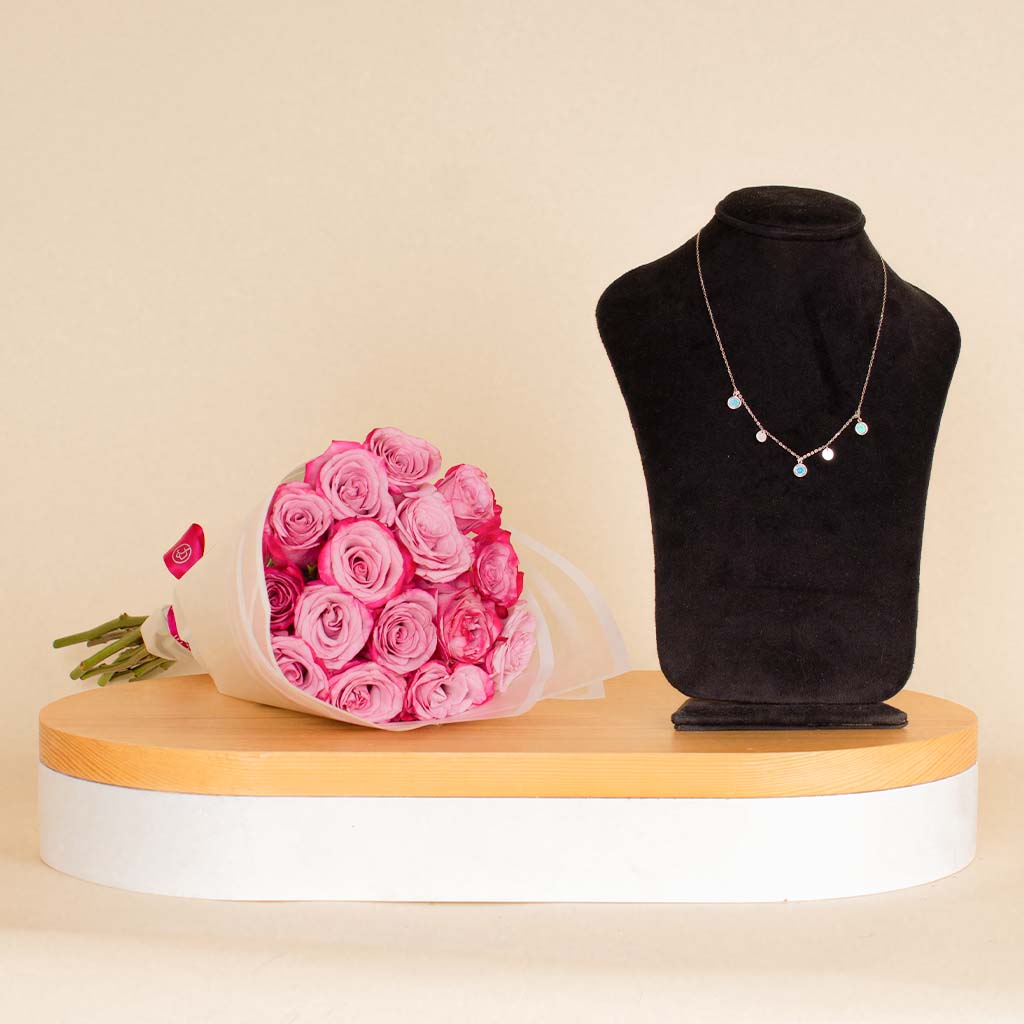 Markiz Rhodium Opal Necklace and 15 Purple Flower Bouquet