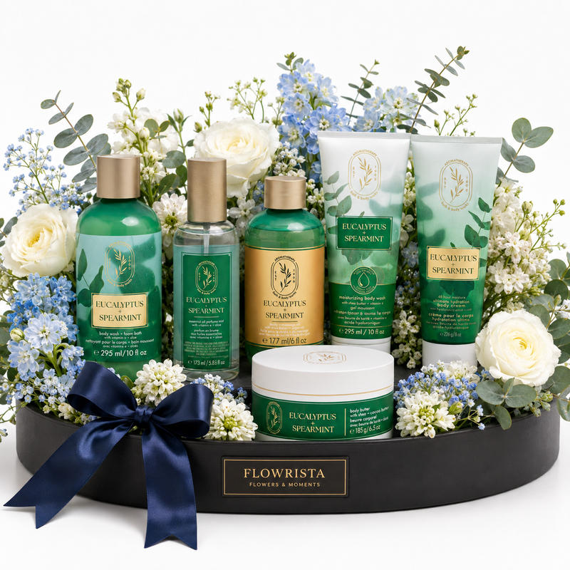 A Flowrista Eucalyptus Scented Gift Set arranged in a black oval tray with a navy ribbon, surrounded by white and blue flowers. The set includes green and gold bottles, tubes, and a jar of bath products on a white background.