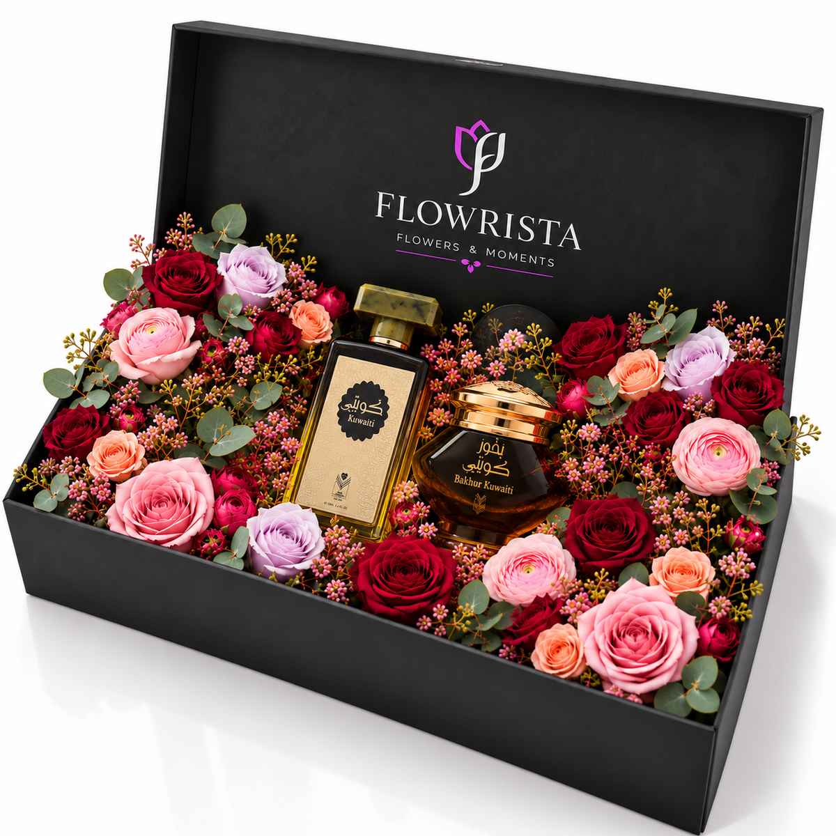 Kuwaiti Perfume & Bakhoor Kuwati with Fresh Mixed Roses Gift Box
