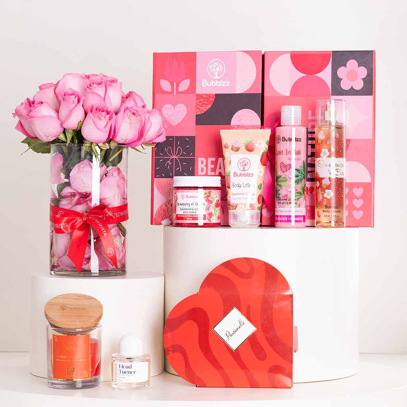 Bubblzz Strawberry Care, Chocolate, Perfume, Candle & Pink Roses Bundle