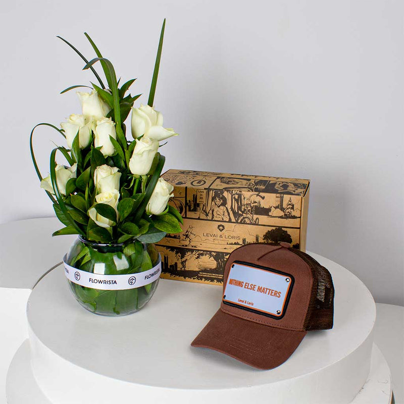 Levai & Loris Nothing Else Matters Cap & White Roses Vase