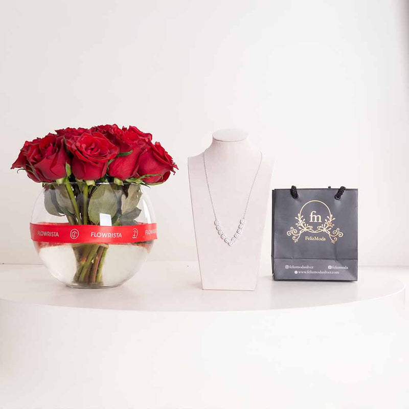 Felizmoda V-Shape Square Zircon Necklace & Red Roses Vase