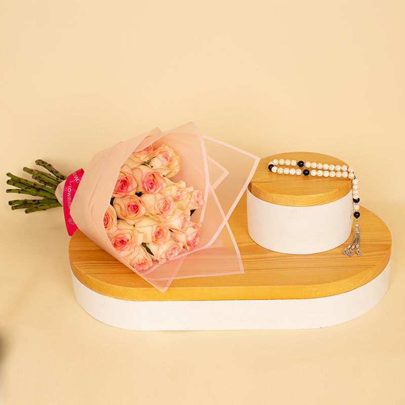 White Turquoise Rosary 33 beads and 15 pink roses