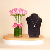 Felizmoda Shiny stones round pendant silver necklace And Pink Vase