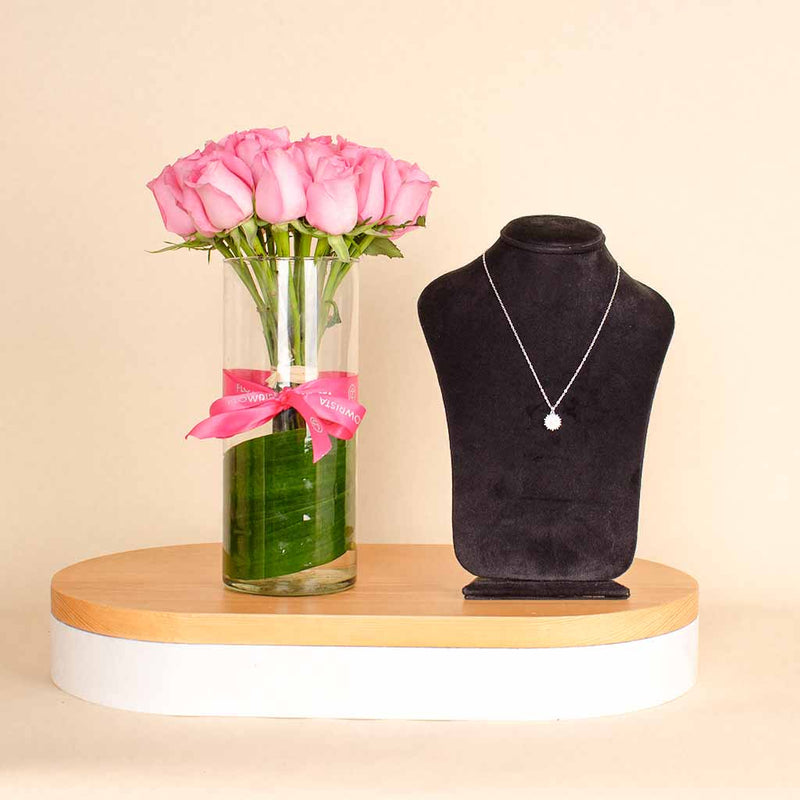 Felizmoda Shiny stones round pendant silver necklace And Pink Vase