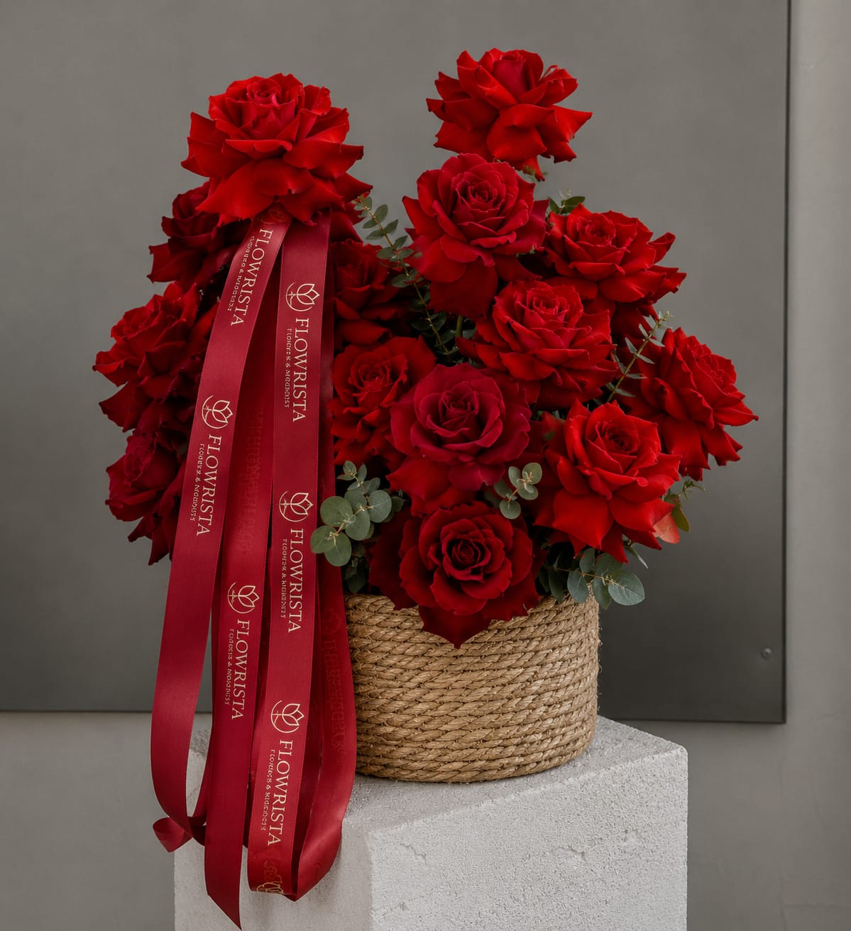 A bouquet of vibrant red roses arranged in a woven natural fiber basket, with a long red ribbon printed with the brand name 'FLOWERISTA' draped on the left side. The arrangement is displayed on a white pedestal against a neutral gray background.