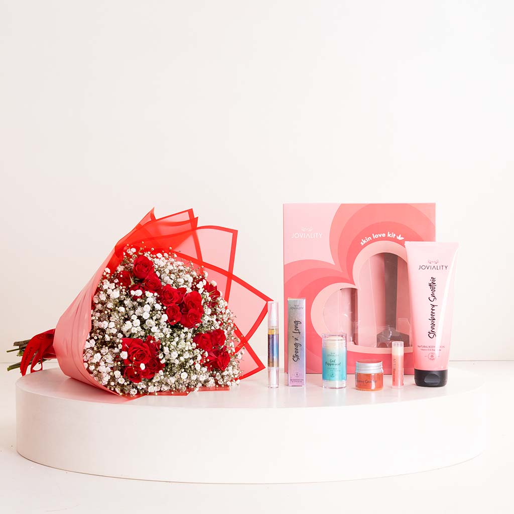 Joviality Skin Love Kit Valentine Box & Red Roses Bouquet