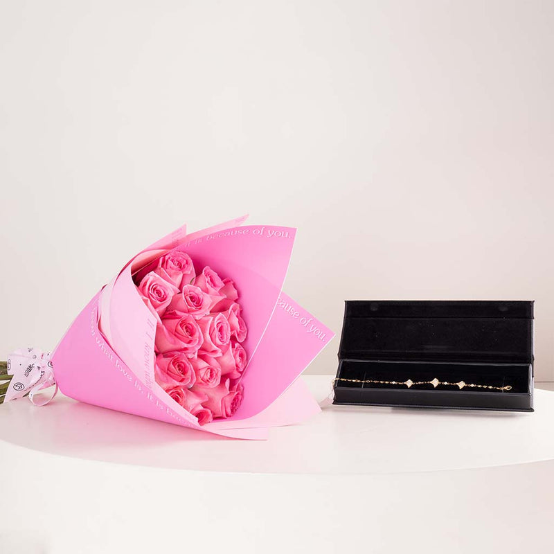 GUESS Fan Gold-Tone Charm Bracelet & Pink Roses Bouquet