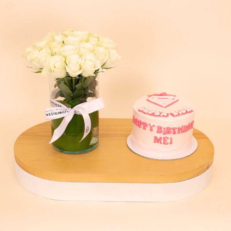 Ninos Cake “Super Mom” Celebration Cake & 15 White Roses