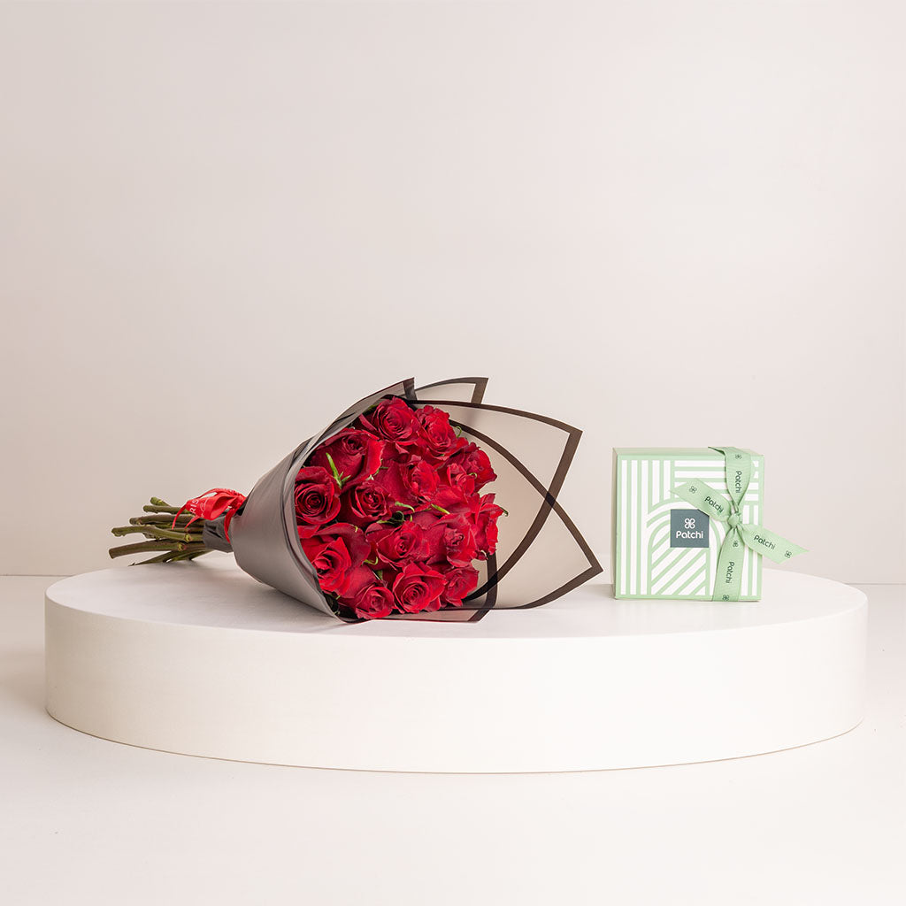 Valentine’s Bouquet of 20 Red Roses with Patchi Chocolate