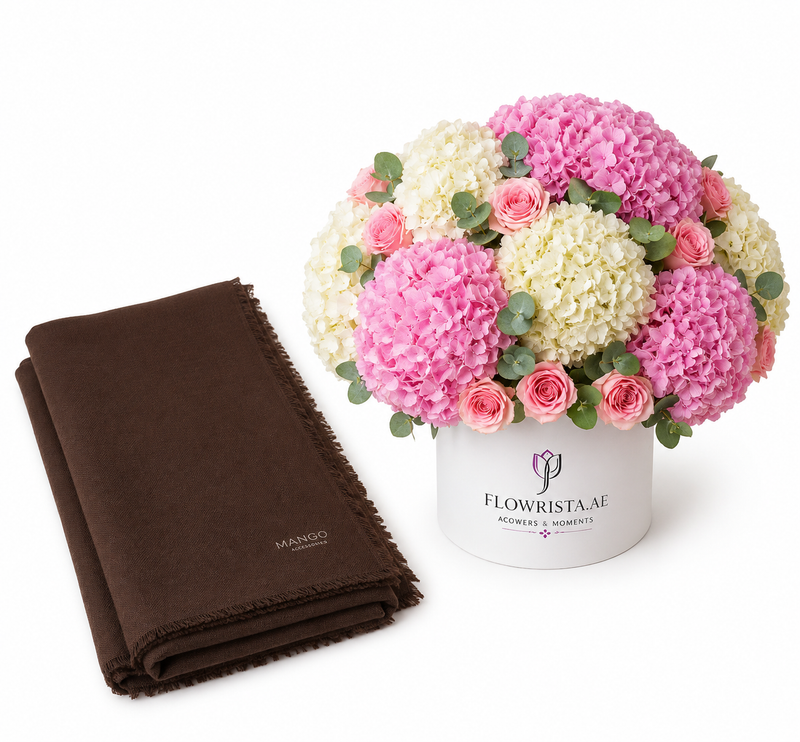 Mango Frayed Edge Linen Scarf with Flowrista Pink Hydrangea & Roses Box