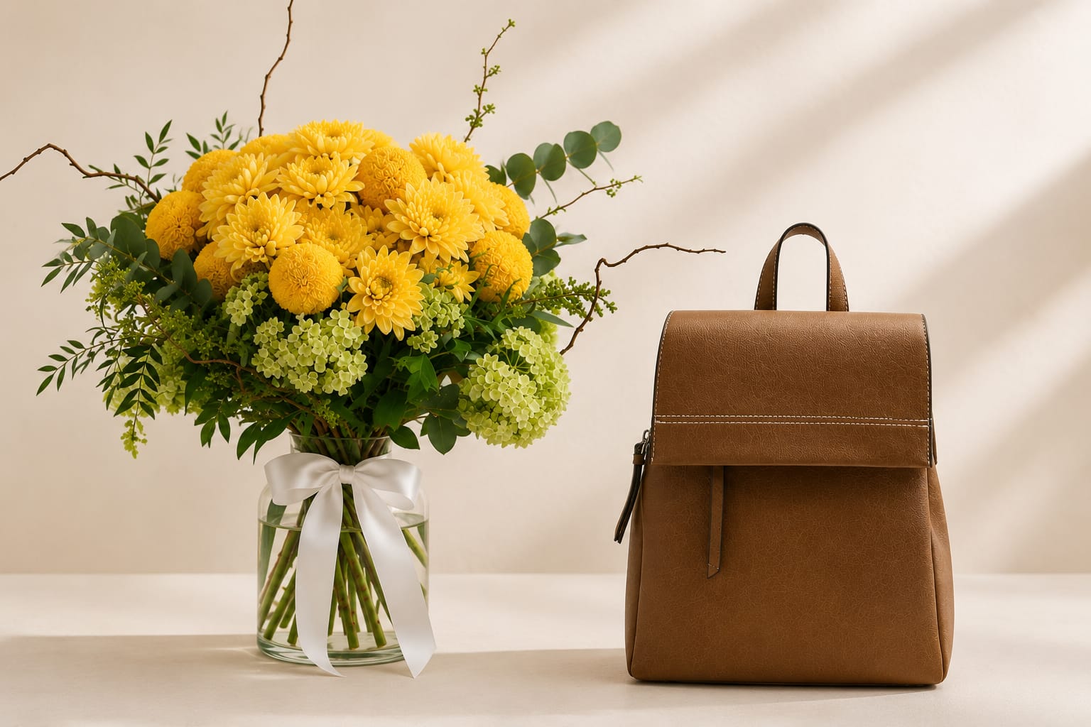 A brown suede-look backpack stands beside a glass vase filled with a bright yellow and green floral arrangement on a light beige surface against a cream wall with soft diagonal shadows.