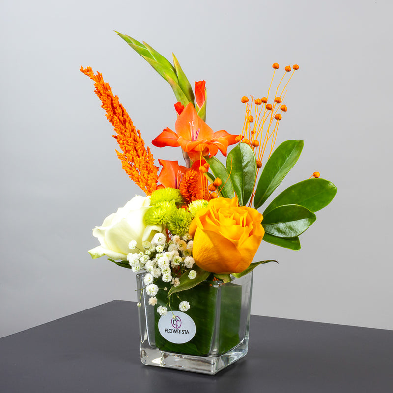 Sunshine Glow Vase – Orange & Yellow Roses