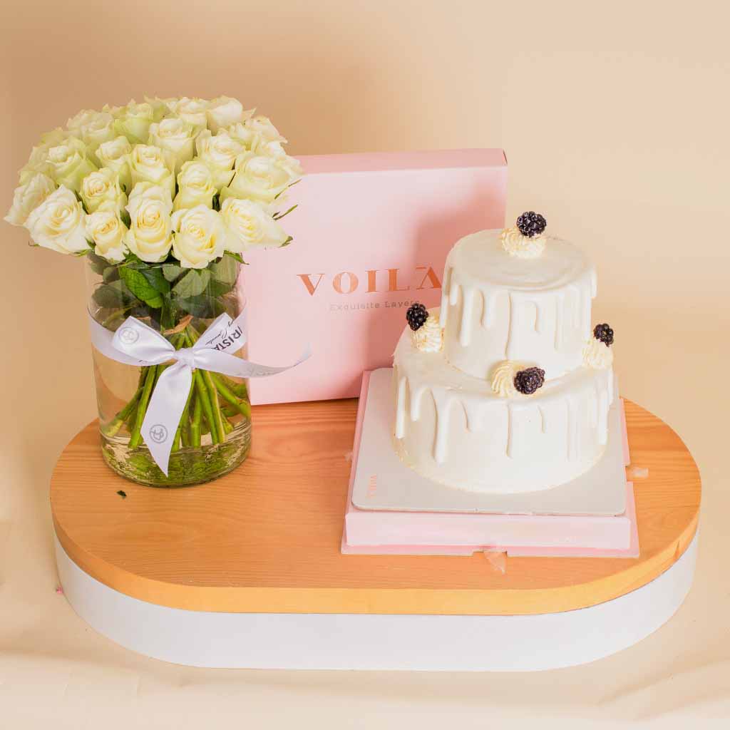 Voila Victorian Drip Cake & Vase Of 25 White Roses
