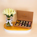 Chocolate Factory Luxe Box – 19 Pieces & White Roses Vase