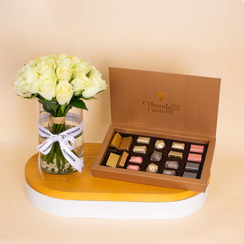 Chocolate Factory Luxe Box – 19 Pieces & White Roses Vase
