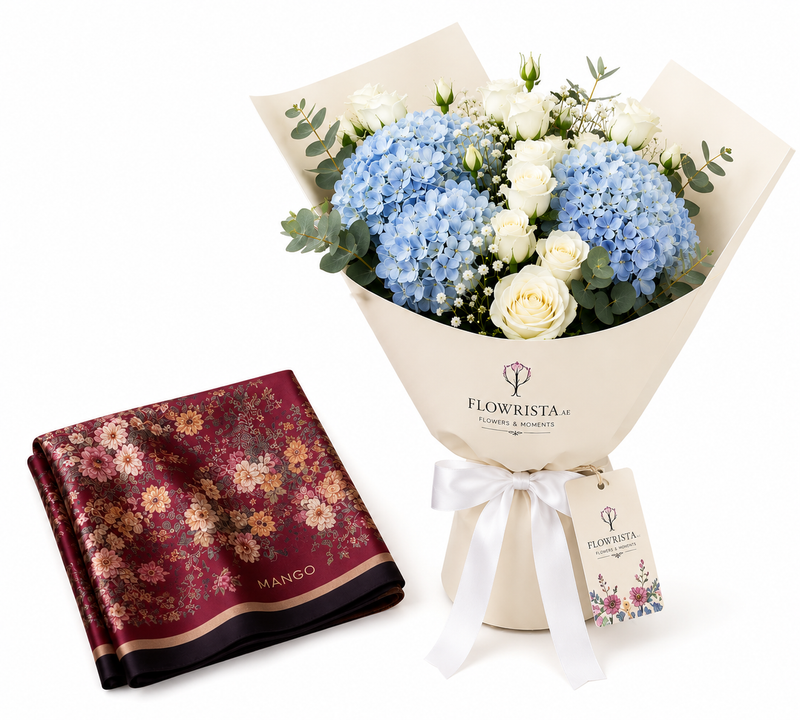 Mango Floral Print Scarf with Blue Hydrangea & White Roses Bouquet