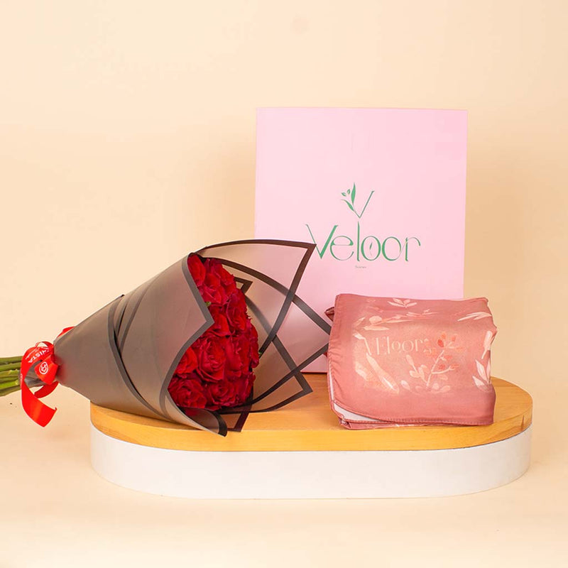 Veloor Rafef Scarf & Red Roses Bouquet