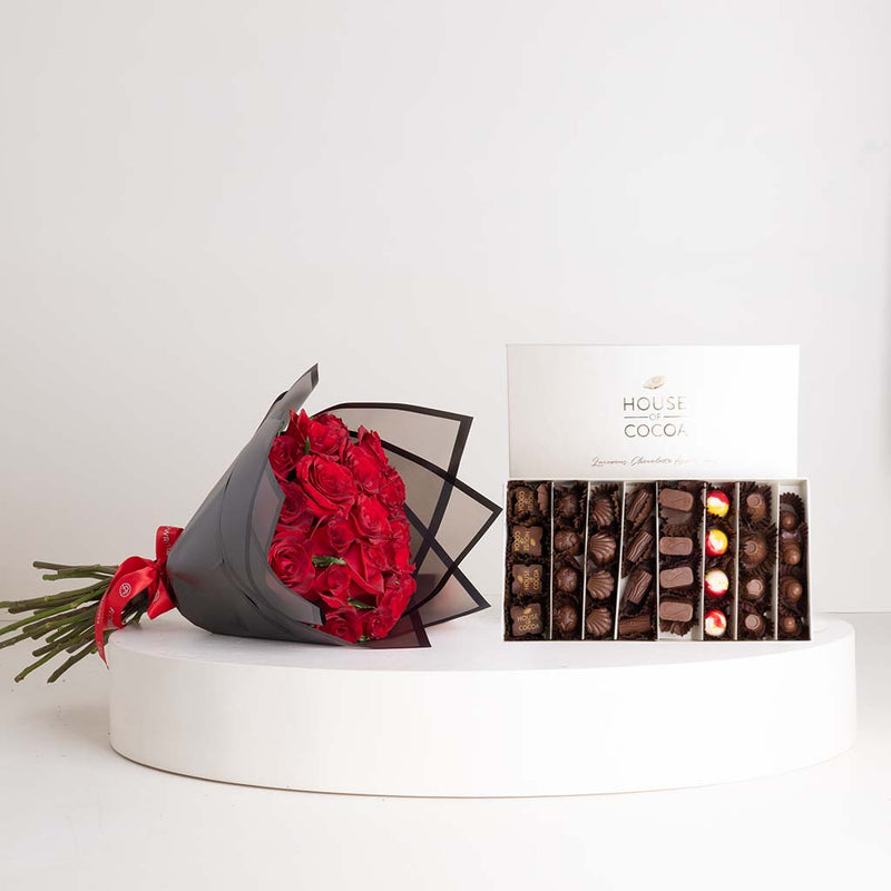 House of Cocoa Chocolate Box 48pieces and 20 red roses
