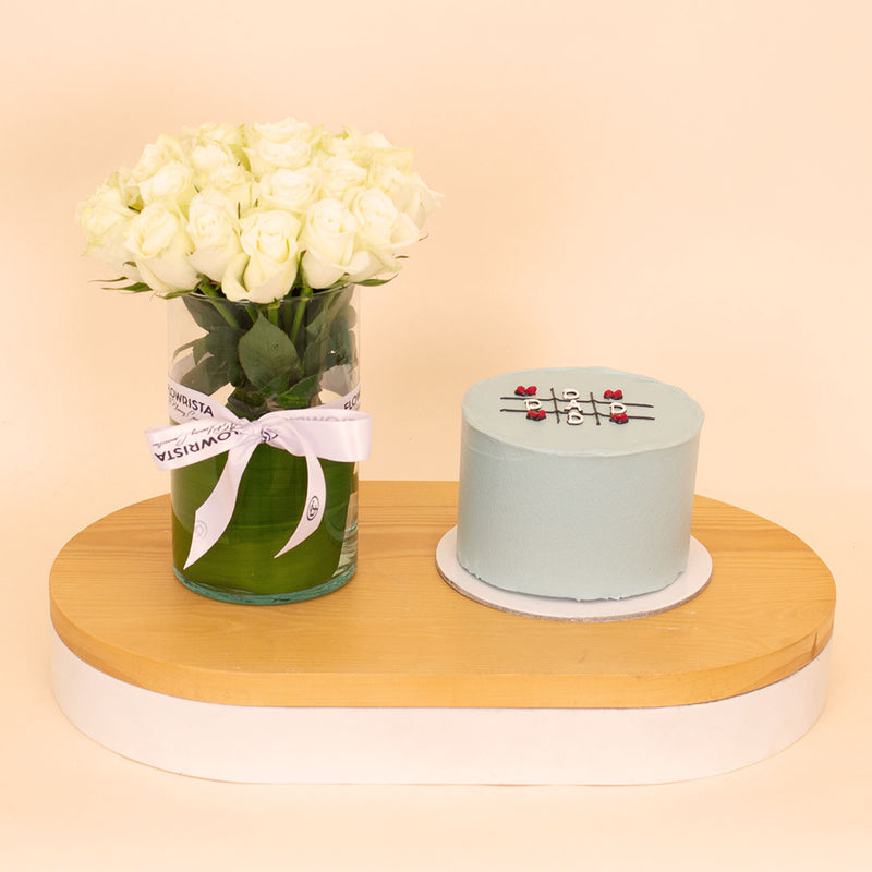 Ninos Dad Tic-Tac-Toe Cake & 15 White Roses Vase