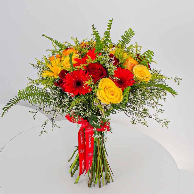 Mixed Roses Bouquet – Red, Yellow & White Roses with Greenery