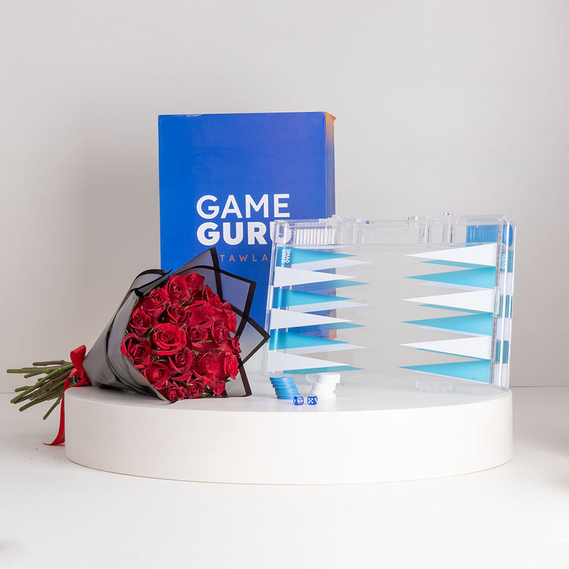 Game Guru White & Turquoise Acrylic Tawla Set & Red Roses Bouquet