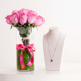 Markiz Platinum-Plated Red Zircon Necklace & Pink Roses Vase