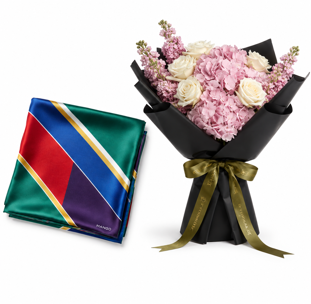 Mango Combined Striped Printed Scarf with Flowrista Moods of Pink Bouquet