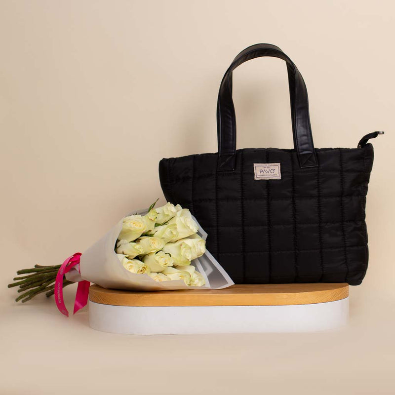 Pavo Black Tote Bag Handbag And Bouquet of 15 Rose