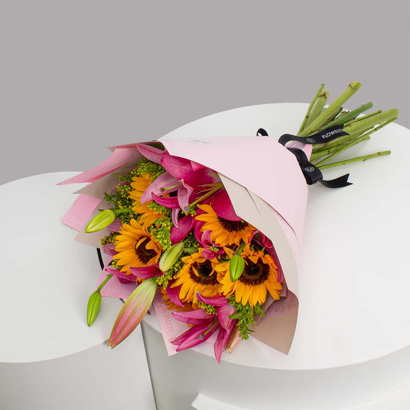 Sunflower & Lily Hand Bouquet - Bright & Cheerful Gift