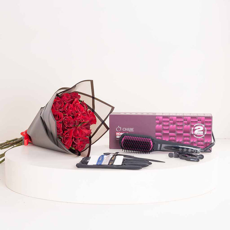 CH&BE Ionic Straightening Brush & Red Roses Bouquet