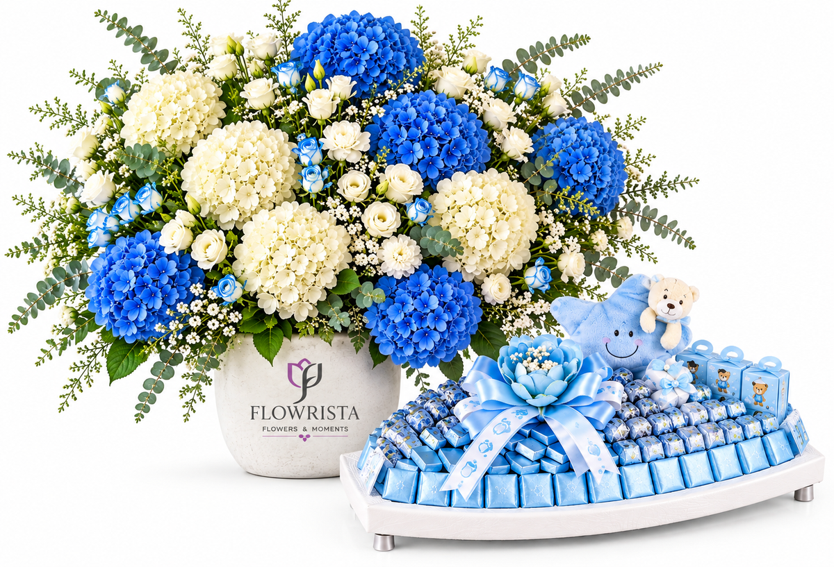 Le Boy Chocolates with Flowrista Blue and White Hydrangeas