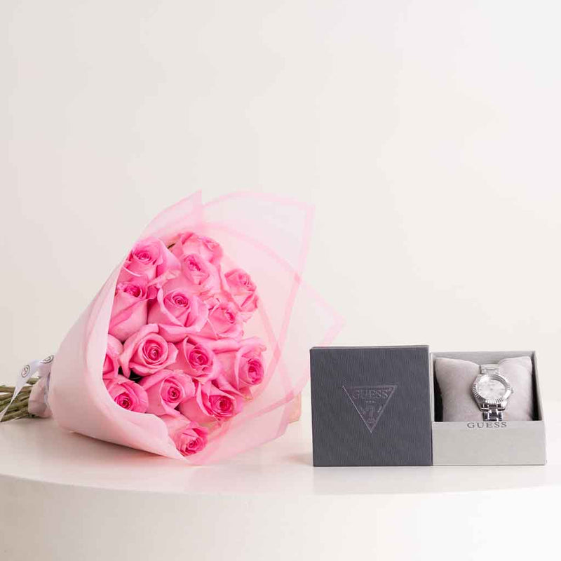 GUESS Mini Luna Silver Watch For Women & Revival Roses Bouquet