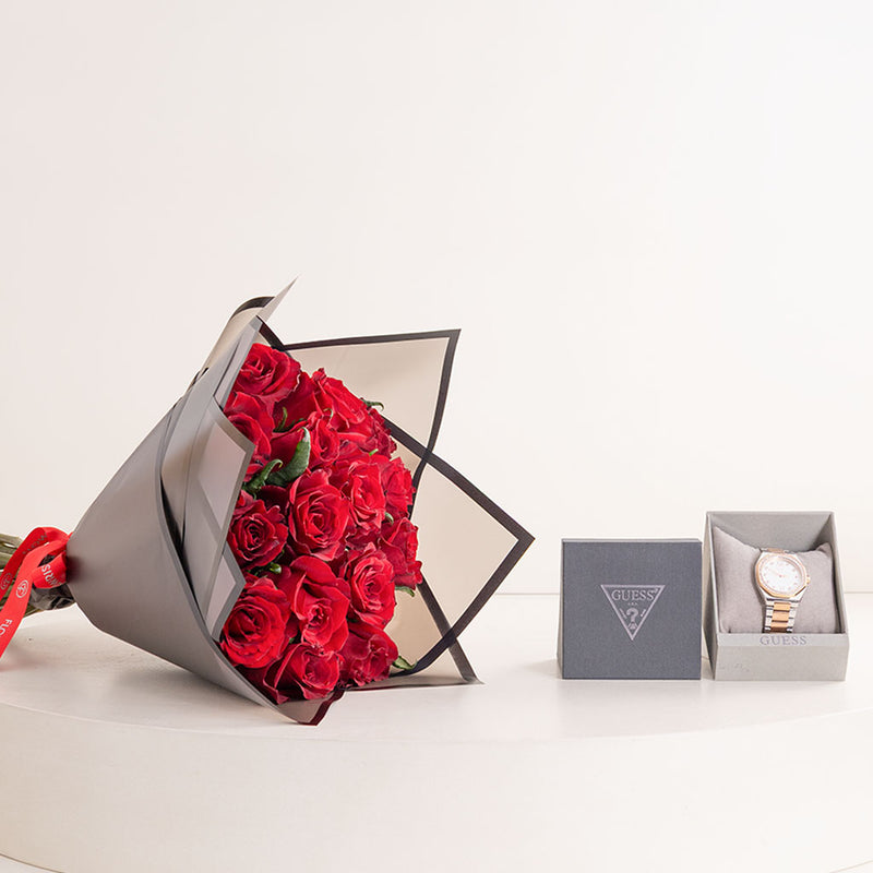 Gc Coussin Sleek Lady Mid Size Metal Watch & Red Roses Bouquet