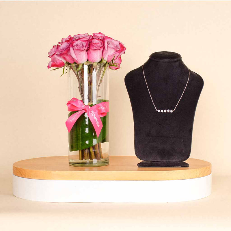 Felizmoda Five square pendants silver necklace zircon stones And Vase 0f 15 purble rose