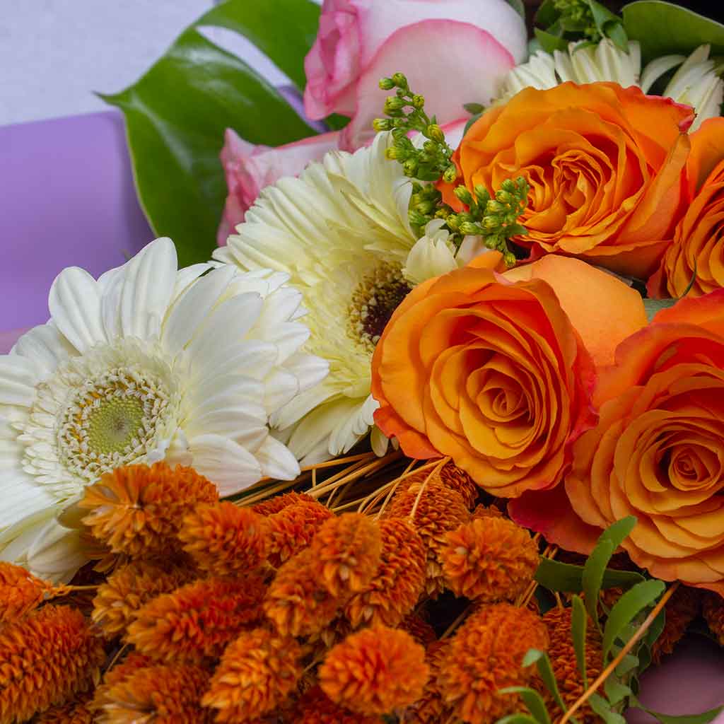 White Gerbera & Orange Senorita Roses Bouquet