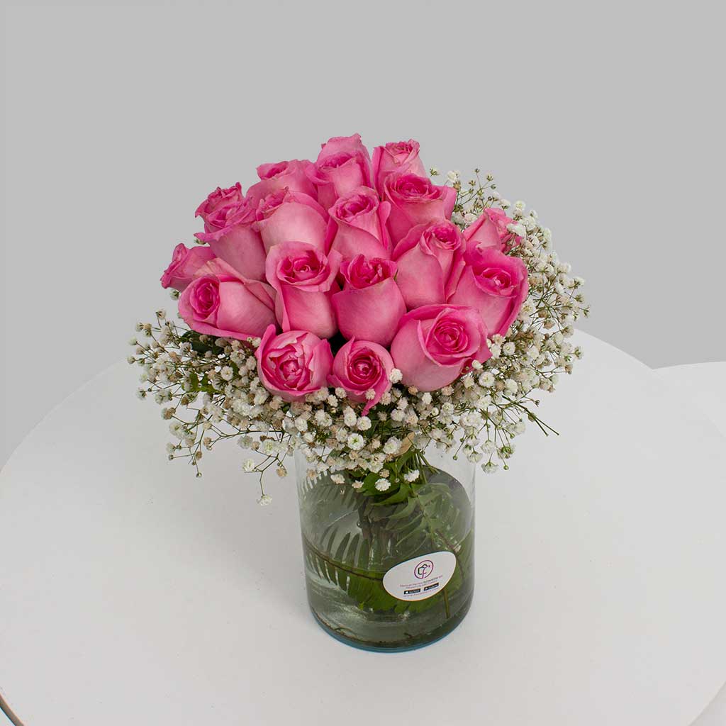 Pink Rose Vase With Gypsophila