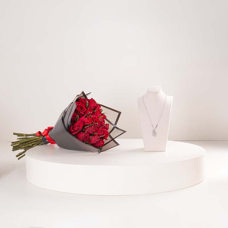 GUESS Stainless Steel Heart Caged Necklace & Red Roses Bouquet