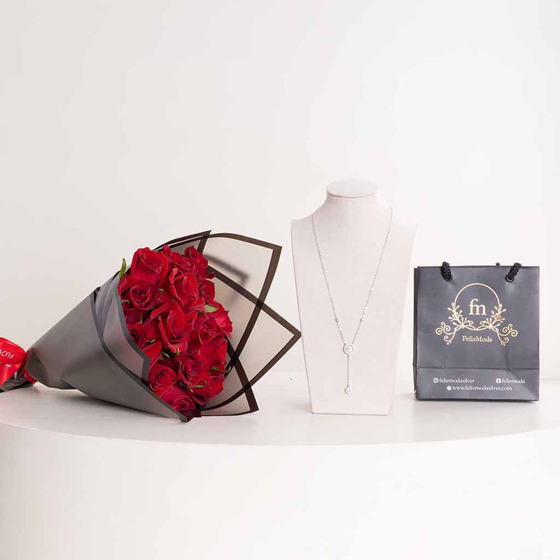 Felizmoda Silver Zircon Necklace & Red Roses Bouquet