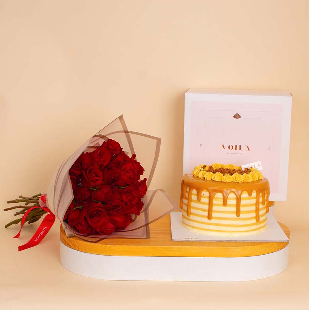 Voila Caramel Cake & Roses Bouquet